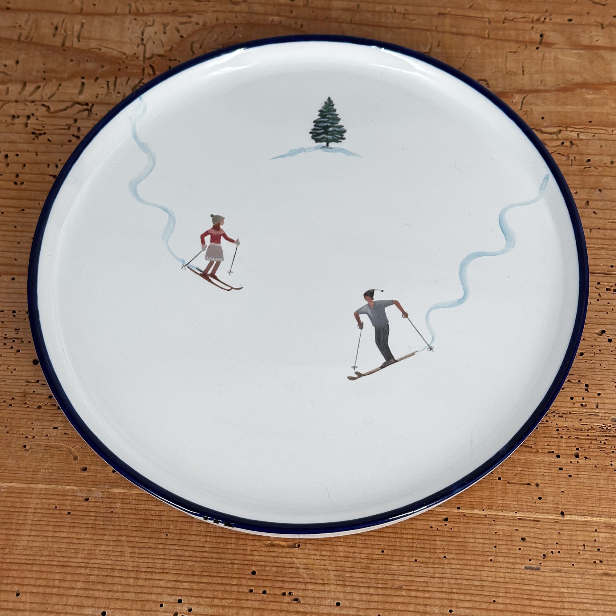 Frühstücksteller blauer Rand mit Schifahrern und Wedelspuren, Dessertteller